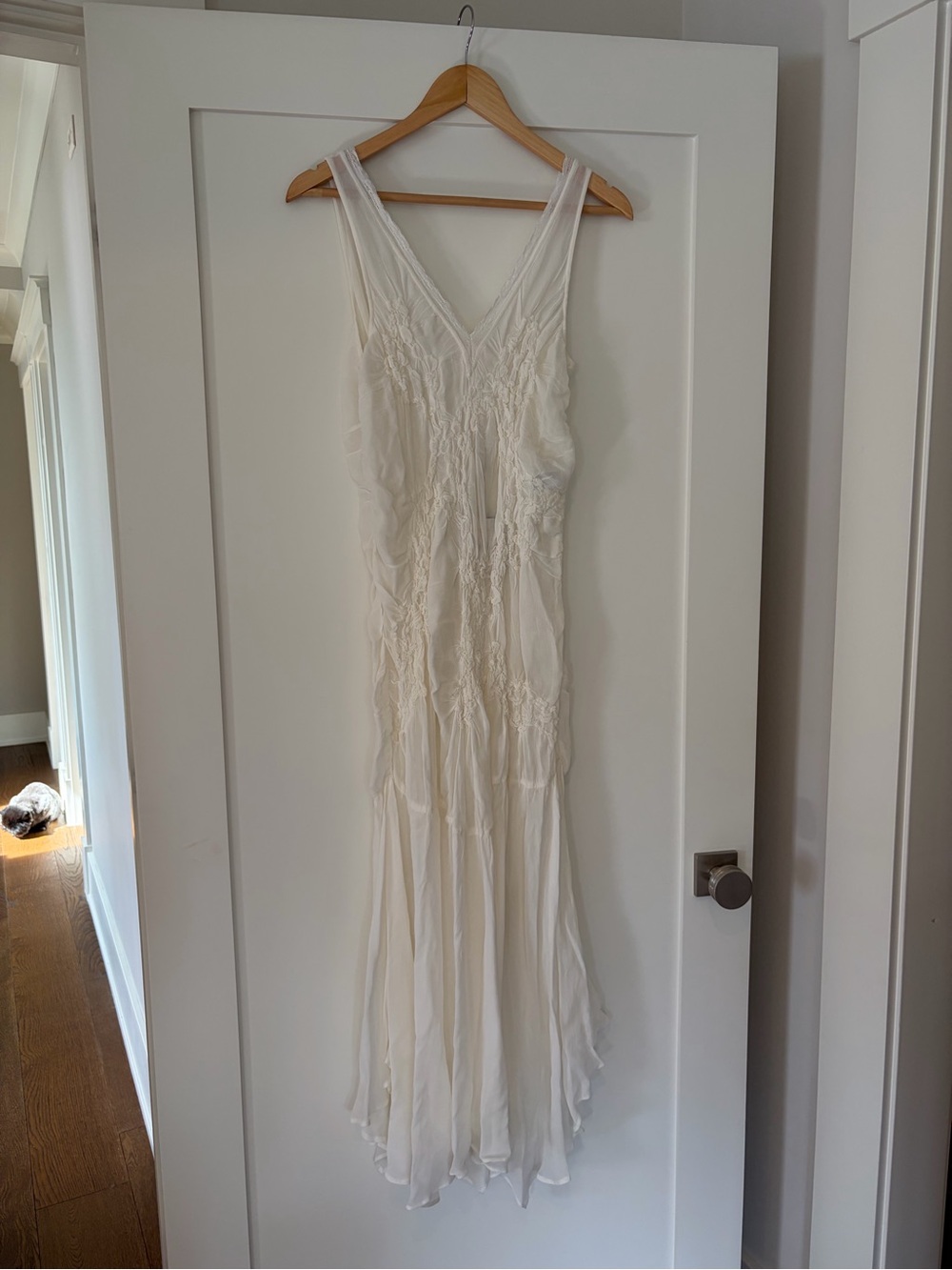 Zara Ivory Smocked V-Neck Maxi Dress